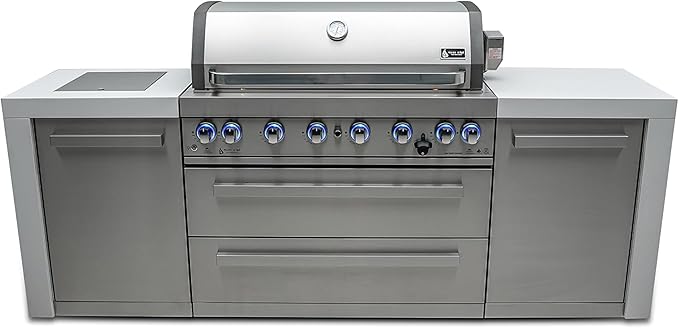 Mont Alpi Premium 94"W x 23"D Deluxe Stainless Steel Modular Outdoor Kitchen Island with Infrared Side Burner + 44"W 6-Burner BBQ Gas Grill + White Granite Countertops + Storage Cabinets & Drawers
