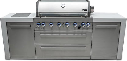 Mont Alpi Premium 94"W x 23"D Deluxe Stainless Steel Modular Outdoor Kitchen Island with Infrared Side Burner + 44"W 6-Burner BBQ Gas Grill + White Granite Countertops + Storage Cabinets & Drawers