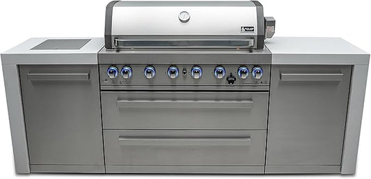 Mont Alpi Premium 94"W x 23"D Deluxe Stainless Steel Modular Outdoor Kitchen Island with Infrared Side Burner + 44"W 6-Burner BBQ Gas Grill + White Granite Countertops + Storage Cabinets & Drawers