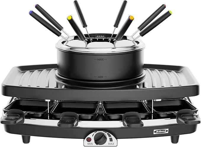 Electric Fondue Pot Sets, Electric lndoor Raclette Table Grill for 8 People, Adjustable Temperature Control and 8 Paddles, Perfect for Parties and Family Fun