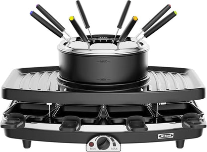 Electric Fondue Pot Sets, Electric lndoor Raclette Table Grill for 8 People, Adjustable Temperature Control and 8 Paddles, Perfect for Parties and Family Fun