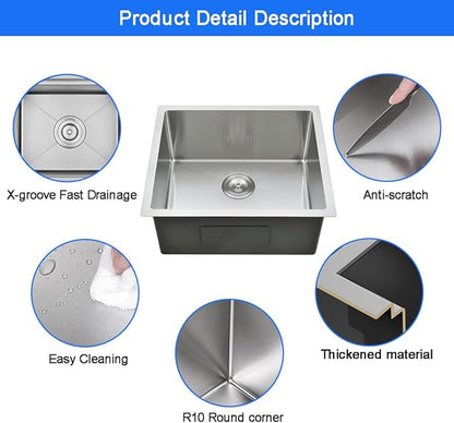 16 x 18 Inch Undermount Kitchen Bar Sink, Handmade Single Bowl 304 Stainless Steel Wet RV Sinks, Indoor and Outdoor Deep Kitchen Laundry Basin with Accessories