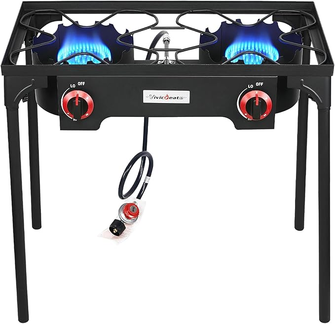 VIVICREATE Propane Grill 2 Burner Outdoor Propane Stove Portable Gas Grill High Pressure Camping Stove Double Burner Cooker for Camping Backyard BBQ Outdoor Cooking
