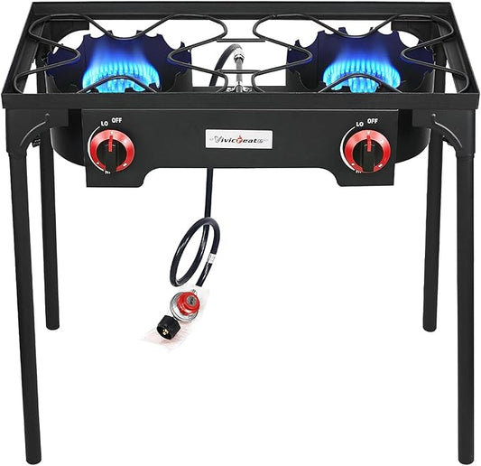 VIVICREATE Propane Grill 2 Burner Outdoor Propane Stove Portable Gas Grill High Pressure Camping Stove Double Burner Cooker for Camping Backyard BBQ Outdoor Cooking