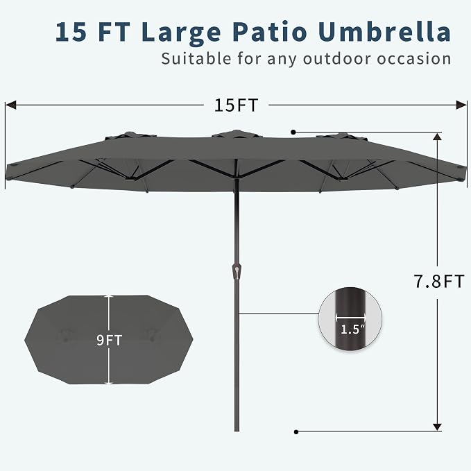PatioKingdom 15FT Large Patio Umbrella with Base, Double Sided Rectangular Outdoor Umbrella with Sturdy Fiberglass Ribs, Market Umbrella for Pool,Garden,Backyard,Deck (Gray, 15FT)