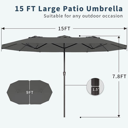 PatioKingdom 15FT Large Patio Umbrella with Base, Double Sided Rectangular Outdoor Umbrella with Sturdy Fiberglass Ribs, Market Umbrella for Pool,Garden,Backyard,Deck (Gray, 15FT)