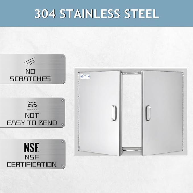 Hally Outdoor Kitchen Doors 31" W x 24" H of 304 Stainless Steel BBQ Double Access Door with 2 Detachable Handles and 6 Hooks, for BBQ Island, Grilling Station, Outdoor Cabinet