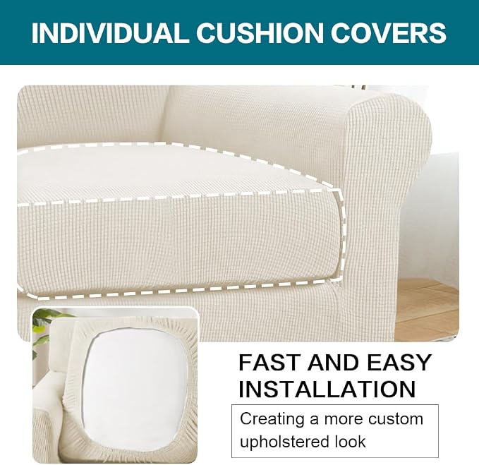 Turquoize 2 Piece Chair Covers Armchair Slipcovers for Living Room Armchair Sofa Cover with Individual Cushion Covers Feature Jacquard Fabric (Chair, Cream)