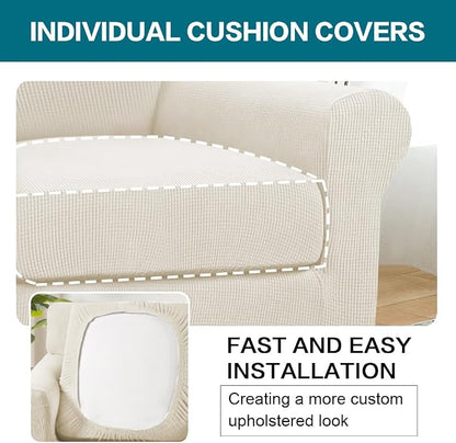Turquoize 2 Piece Chair Covers Armchair Slipcovers for Living Room Armchair Sofa Cover with Individual Cushion Covers Feature Jacquard Fabric (Chair, Cream)