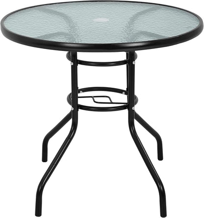 32in Outdoor Table Patio Dining Table Outdoor Dining Table with Umbrella Hole Round Tempered Glass for Yard Bistro Lawn Balcony