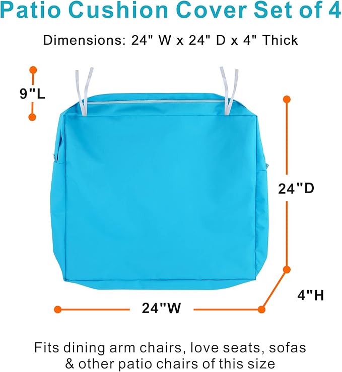 NettyPro Patio Cushion Covers Replacement Set 4 Water Repellent UV Resistant Outdoor Chair Seat Cushion Slipcover with Zipper and Tie, 24 x 24 x 4 Inch, Peacock Blue