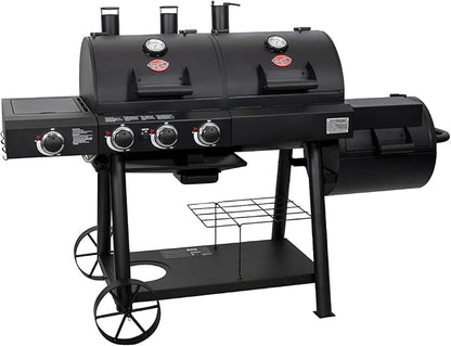 Char-Griller® Texas Trio 3-Burner Gas & Charcoal Grill and Smoker, Push Button to Ignite, Dual temperature Guages, Side Burner, Includes Side Firebox, 1,390 Cooking Square Inches, Black, Model# 3070