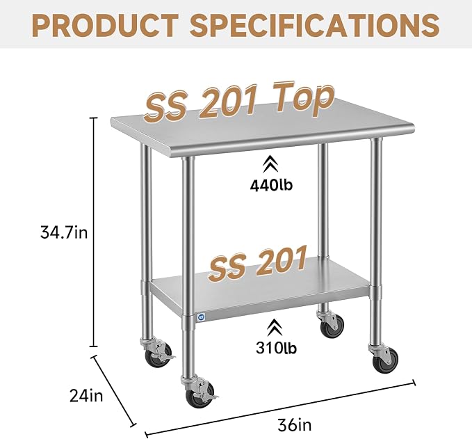 ROCKPOINT All Stainless Steel Prep Table with Caster 24x36 Inch, Commercial Heavy Duty Workbench with Stainless Legs & Adjustable Undershelf, 750 lb Capacity for Outdoor Kitchens with Wheel