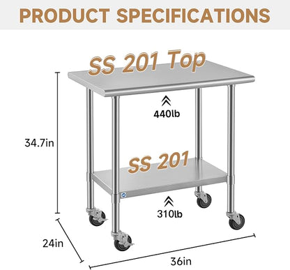 ROCKPOINT All Stainless Steel Prep Table with Caster 24x36 Inch, Commercial Heavy Duty Workbench with Stainless Legs & Adjustable Undershelf, 750 lb Capacity for Outdoor Kitchens with Wheel