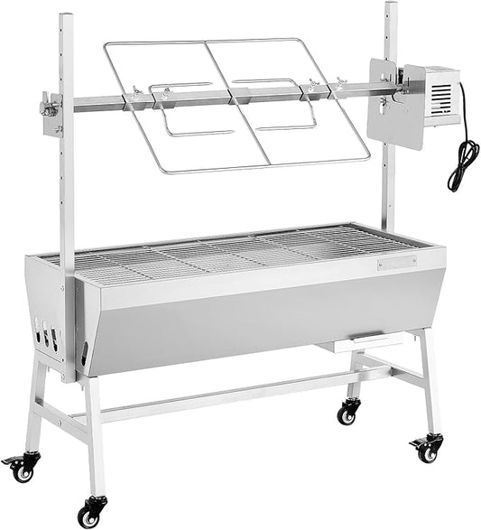 VEVOR Rotisserie Grill, 38W Stainless Steel BBQ Outdoor Pig & Lamb Spit Roaster, 132 LBS Capacity Charcoal Spit Roaster with Wheels & 7-Level Height, Electric Rotisserie Grill Kit for Camping Outdoor