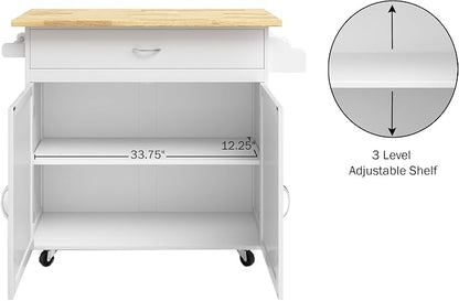 Lavish Home Mobile Kitchen Island with Spice Rack & Storage Cabinet, White | Rolling Cart with Drawers for Coffee Bar, Adjustable Shelves, Towel Rack, Counter Space, Microwave Stand with Storage Shelves