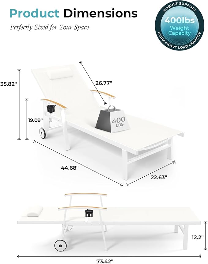 Ciokea Outdoor Lounge Chair with Pillow, 5-Position Aluminum Chaise Lounge with Wheels & Armrests, 400 lbs Heavy Duty Patio Pool Chair for Deck, Backyard, Beach & Poolside, White