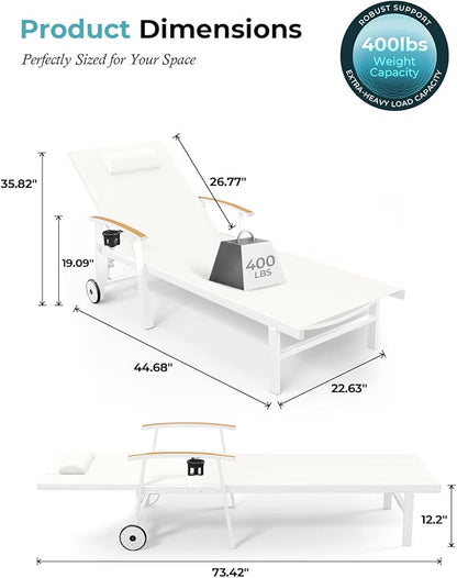 Ciokea Outdoor Lounge Chair with Pillow, 5-Position Aluminum Chaise Lounge with Wheels & Armrests, 400 lbs Heavy Duty Patio Pool Chair for Deck, Backyard, Beach & Poolside, White