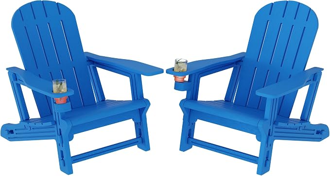 Shintenchi Adirondack Chairs Set of 2,HDPE Adirondack Chairs w/Removable Tablelop & Umbrella Hole,All-Weather Wooden Textured Plastic Outdoor Chairs w/Cup Holders for Garden Backyard Pool,Blue