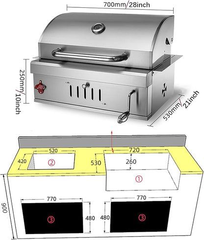 Built In Charcoal Grills Outdoor Kitchens,28-Inch Stainless Steel Charcoal bbq Grill Built In with Liftable Charcoal Tray,Insulated Hood, Temperature Gauge and Rain Fabric cover (Round Lid)