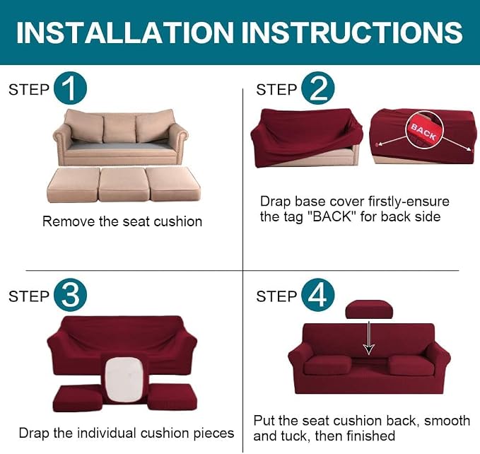 Turquoize 4 Piece Sofa Covers for 3 Cushion Couch Sofa Slipcover Soft Couch Cover for Dogs Washable Furniture Cover with 3 Individual Large Cushion Covers Feature Fabric (Large Sofa, Burgundy)