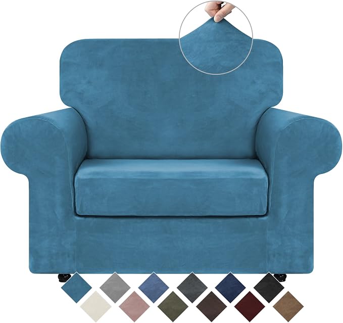 WEERRW Velvet Stretch 2 Pieces Chair Sofa Slipcovers Washable, Peacock Blue | Armchair Slipcovers Luxury Soft Velvet Plush Furniture Protector Couch Cover with Elastic Bottom for Kids Pets, Small