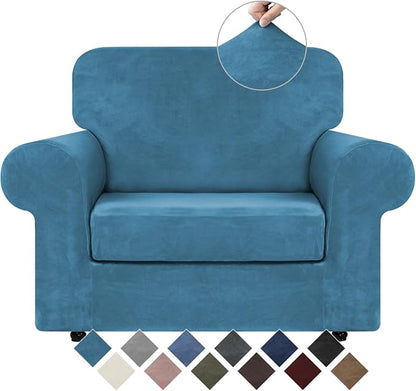 WEERRW Velvet Stretch 2 Pieces Chair Sofa Slipcovers Washable, Peacock Blue | Armchair Slipcovers Luxury Soft Velvet Plush Furniture Protector Couch Cover with Elastic Bottom for Kids Pets, Small