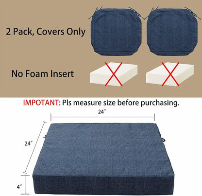 Magpie Fabrics Indoor Outdoor Cushion Cover Replacement 2 Pack, NO Insert! Water Repellent Slipcover with Ties Decor for Patio Garden Chair Seat Sofa Bench Wicker(Navy Blue Textured, 24x24x4 Inch)