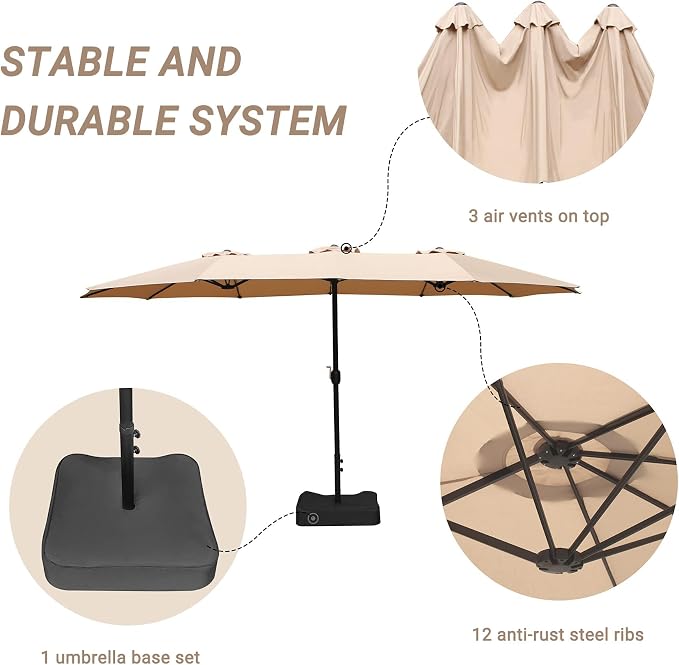 15ft Patio Umbrella with Base, 10-Year-No-Fade Large Outdoor Double-Sided Market Umbrella with UPF50+Terylene Polyester Fabric and Crank for Poolside Garden Deck Backyard Beach Pools