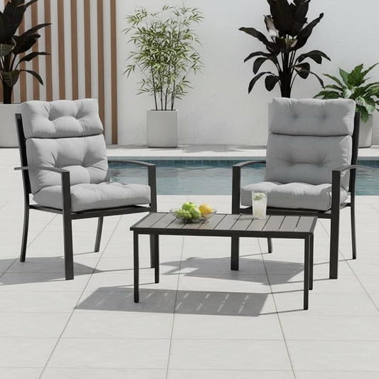 Outdoor Tufted High-Back Chair Cushions, One-Piece Hinged Seat and Back Design, Reversible with 4 Ties, Durable Polyester Fabric, Recycled Fiber Fill - Set of 2, Heather Gray