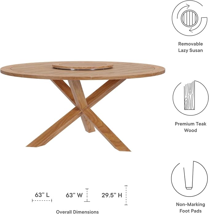Modway Wellspring Outdoor Patio Round Teak Wood 63" Dining Table in Natural