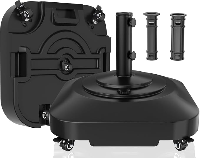Umbrella Base with 5 Wheels, 100 lbs Max Capacity Fillable Umbrella Stand | 360°swivel wheel for flexible steering, 2 locks 2 knobs, wind-resistant design, heavy duty base for patio, deck, outdoor