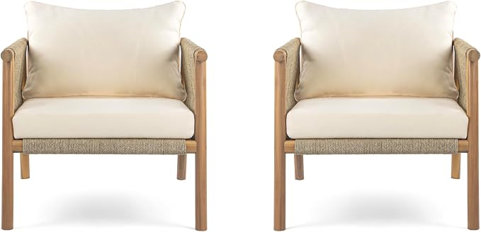 Christopher Knight Home Posey Acacia Wood Lounge Chair Outdoor Set of 2 with Removable Cushion, Solid Wood Patio Accent Chair, Patio Furniture Set Sofa Chair, Teak+Beige