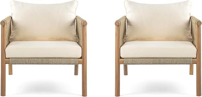 Christopher Knight Home Posey Acacia Wood Lounge Chair Outdoor Set of 2 with Removable Cushion, Solid Wood Patio Accent Chair, Patio Furniture Set Sofa Chair, Teak+Beige