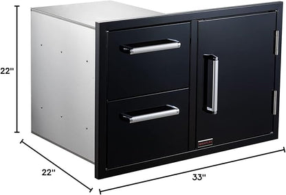WHISTLER Stainless Steel Single Access Door & Double Drawer Combo with Handles for Outdoor Kitchen BBQ Island,33×22×22 Inches,Black