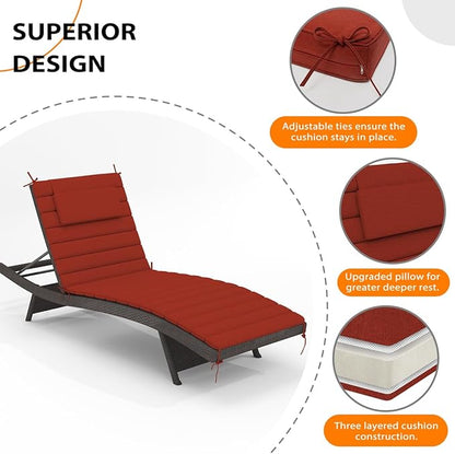 Sundale Outdoor Olefin Quilted Lounge Cushion Set of 4, Patio Foldable Chaise Lounger Cushion, Water-Resistant Lounge Chair Pad with Straps Red, 80 x 26 inches