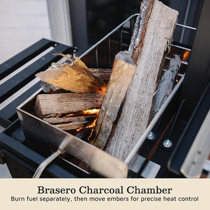 Ash & Ember Santa Maria Grill with Brasero Charcoal Chamber, Wood & Charcoal Argentine Grill with Ceramic Brick Lining, BBQ Grill with Hand Wheel for Adjustable Heat Control, Bottom & Side Shelf