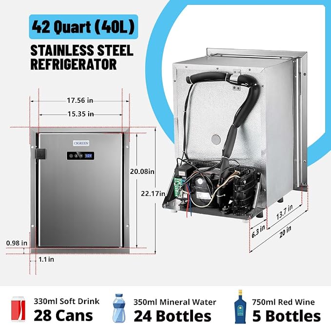 12 Volt RV Refrigerator Built-in Fridge Compressor Refrigerator Mini Fridge with Freezer for Apartment Office Boat Yacht RV Caravan (Silver Stainless Steels, 40L)