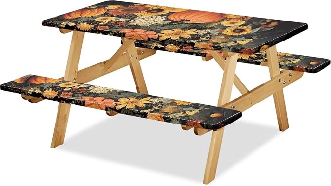 Fall Picnic Table Cover for Outdoor Camping Pumpkin Sunflower Elastic Fitted Table Cloth for Camping Party Supplies 3 PCS Set