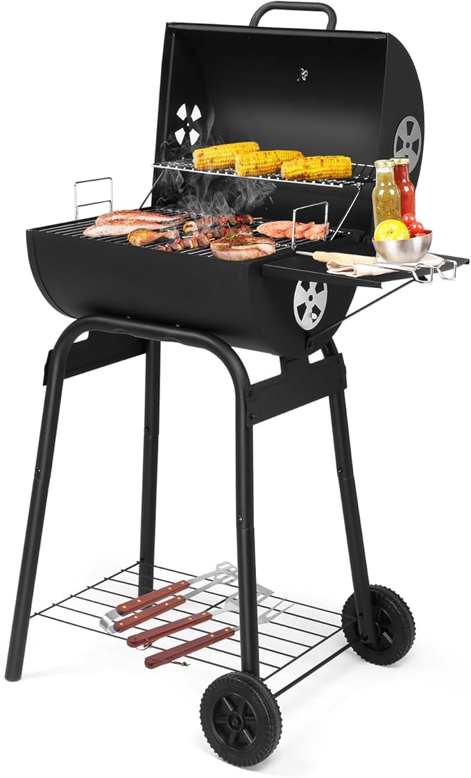 Charcoal Grills Outdoor BBQ Grill, Barrel Charcoal Grill with Side Table and Wheels, for Outdoor Backyard Camping Picnics Patio and Parties