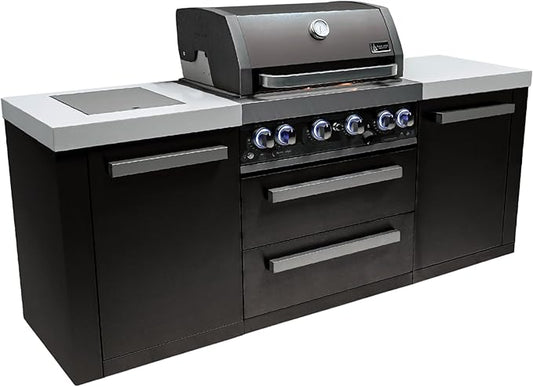 Mont Alpi Premium 82"W x 23"D Black Stainless Steel Modular Outdoor Kitchen Island with Infrared Side Burner + 32"W 4-Burner BBQ Gas Grill + White Granite Countertops + Storage Cabinets + Drawers