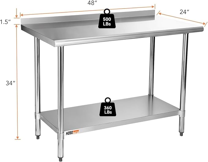 Stainless Steel Table with Backsplash 48x24 Inches 4ft for Prep | Heavy Duty Metal Workbench with Adjustable Undershelf for Commercial Kitchen Restaurant Laundry Garage Home Hotel Chef
