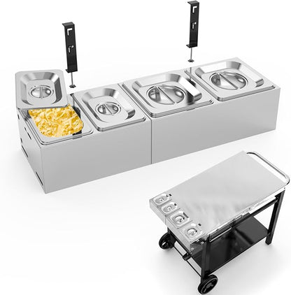 Pizza Topping Station for Grill Cart, Universal Condiment Serving Container for Outdoor Grill Stand, Stainless Steel Seasoning Containers with Lid, 4 Compartment Trays for Prepping Ingredients