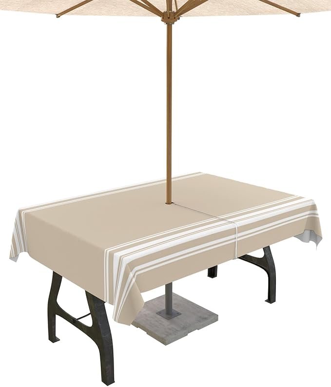 QueenKer Outdoor Tablecloth with Umbrella Hole, Khaki and White Stripe Rectangle Tables Waterproof Tabletop Collection for Patio, Garden, Picnic, Camping, Dining 60 x 84 inch