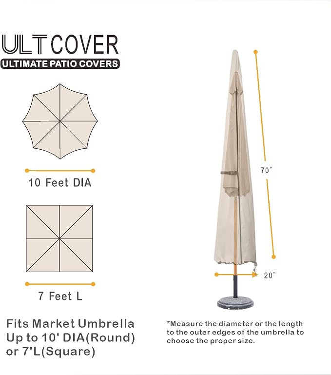 ULTCOVER Patio Parasol 600D Waterproof Outdoor Market Umbrella Cover - Fits Market Umbrella 7-10 Feet