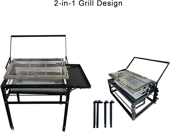 Flipping Charcoal Grill with Wheels, 360° Rotating BBQ Cooking Grid Stand-up Grills, Heavy Duty Square Outdoor Detachable Portable Grillfor Camping Garden Commercial Barbeque