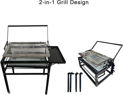 Flipping Charcoal Grill with Wheels, 360° Rotating BBQ Cooking Grid Stand-up Grills, Heavy Duty Square Outdoor Detachable Portable Grillfor Camping Garden Commercial Barbeque
