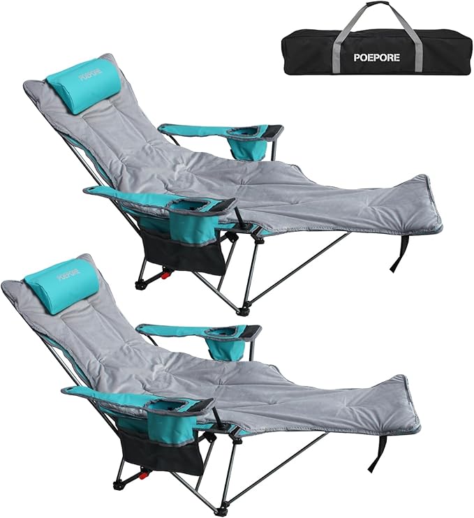 Reclining Camping Chair with Removable Footrest Lounge Chair with Headrest, Cotton Cushion, Portable Adjustable Folding Chairs