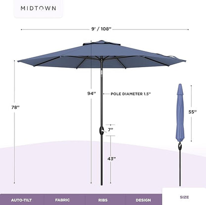 Midtown Umbrellas 10-Year-No-Fade - 9 Ft - UV Proof Light Navy Polyester Fabric - Umbrella Outdoor Patio, Auto-Tilt Aluminum Frame Patio Umbrella for Garden, Pool & Deck - Black Pole