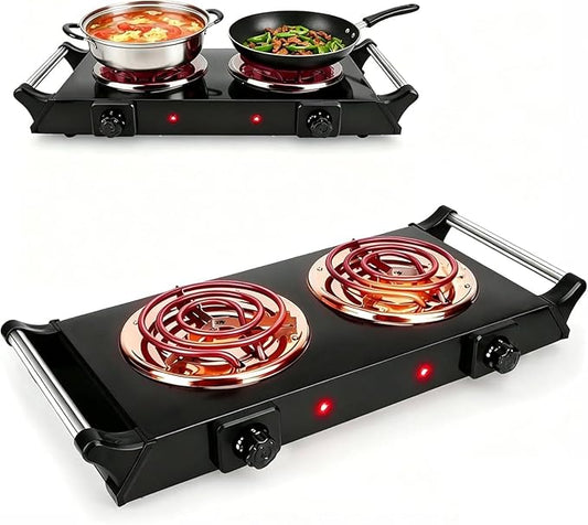 2000W Hot Plate,Portable Electric Stove Countertop Double Coil Burners W/5 Level Temperature Control & Stay Cool Handles, Easy to Clean, Lightweight Cast Iron Electric Stove for RV/Home/Camp 110V